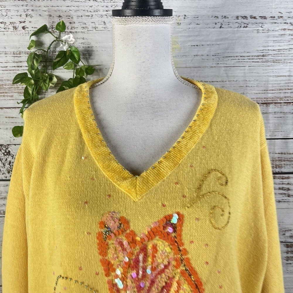 The Quacker Factory Sweater Plus size 1X Yellow Butterfly Sequins Beads Summer - Picture 5 of 15
